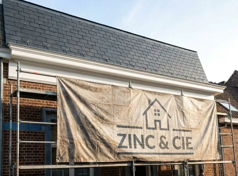 Bâche Zinc et Cie sur l'échafaudage d'une maison bruxelloise, mansarde en ardoises refaite et corniche blanche