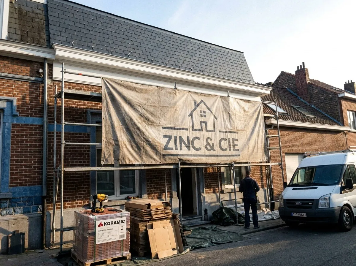 Façade bruxelloise à Woluwe-Saint-Lambert : mansarde en ardoises naturelles refaite, corniche blanche et bâche Zinc et Cie sur l'échafaudage