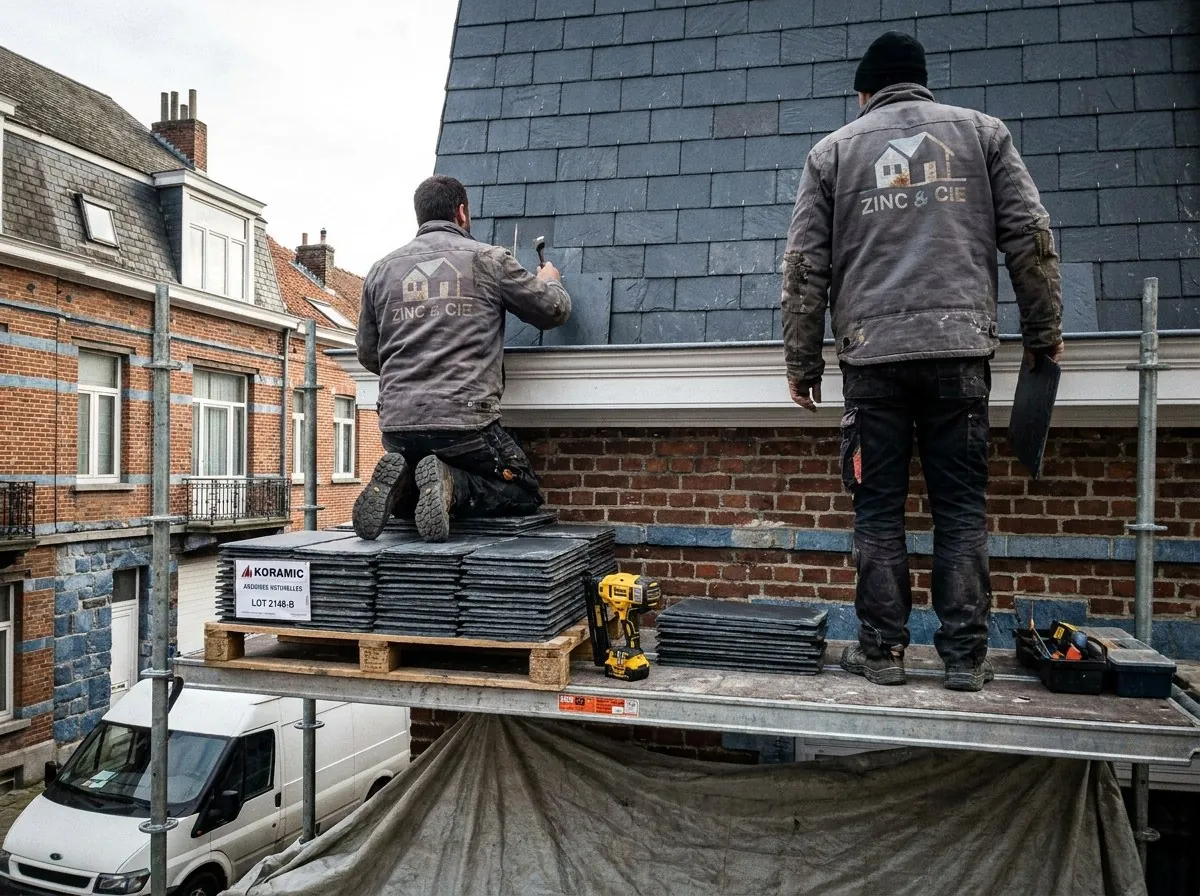 Pose d'ardoises naturelles sur une mansarde à Woluwe-Saint-Lambert, palette d'ardoises et outillage sur l'échafaudage, façade en brique et pierre bleue